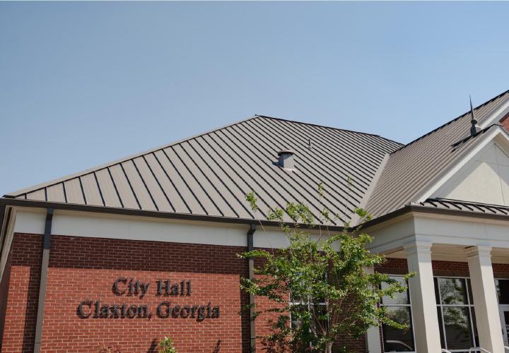 Claxton City Hall Roof | Medium Bronze Standing Seam Metal Roofing | Evans County Commercial Roofers | Commercial Roof Replacement